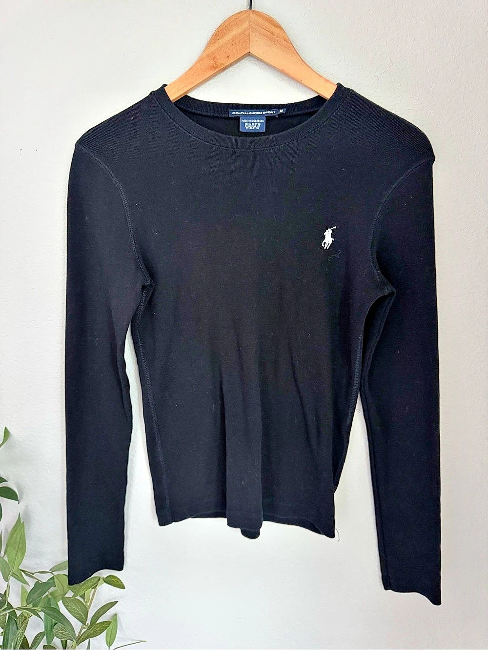 Ralph Lauren Sport Black Long Sleeve Tee Women M White Pony Y2K Preppy